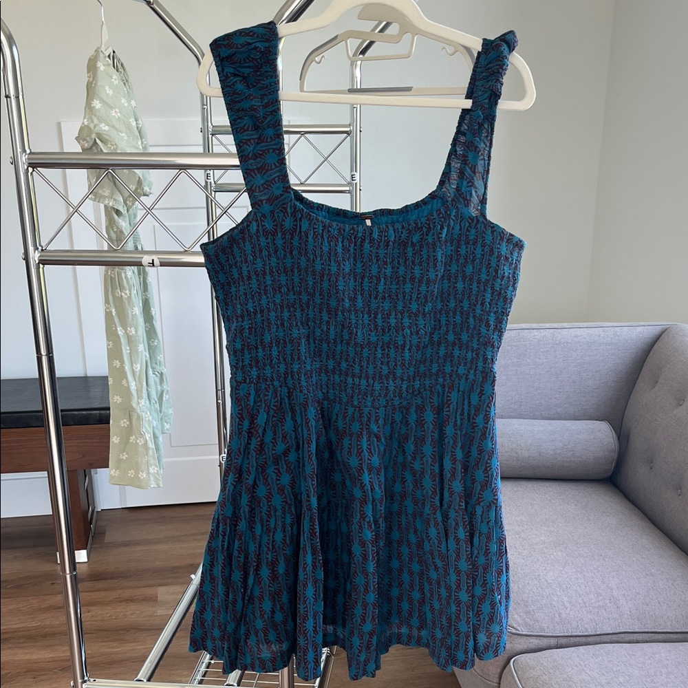 Free People Teal and Black Smocked Mini Dress